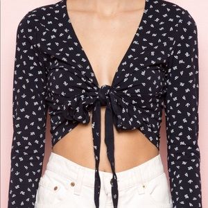 LS Front Tying Top. Navy Blue w/ White Flowers
